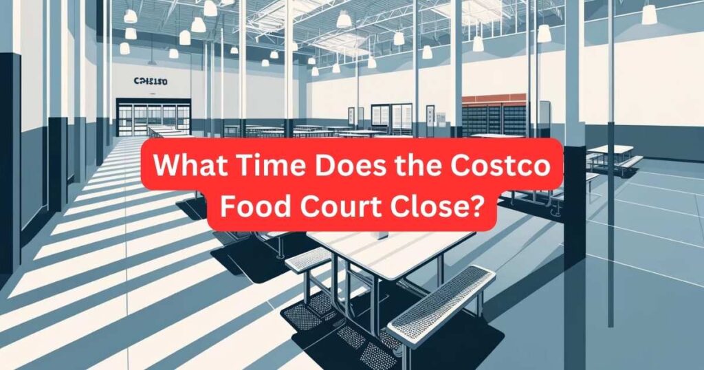 A Costco Food Court with bunch of tables and bench and clean floor on the top there are white bulb. Currently the Costco Food Court Close