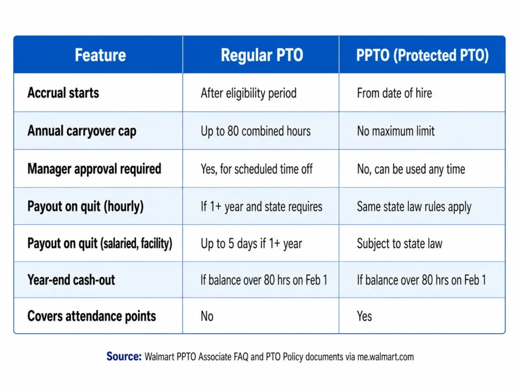 Summary table showing Walmart PTO payout rules for hourly associates, salaried associates, and FlexTO users upon quitting or termination